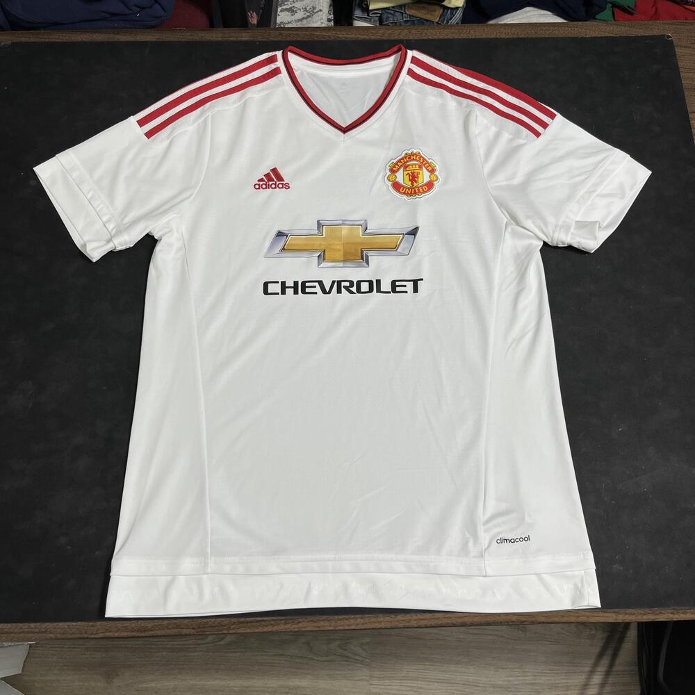 Manchester United Jersey Mens Large White Soccer Adidas Chevrolet Away 2015 VTG